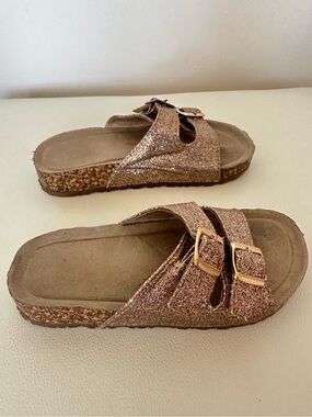 Girls Glitter Double Buckle Sandals Size 11 Rose Gold Cork Footbed Slides
